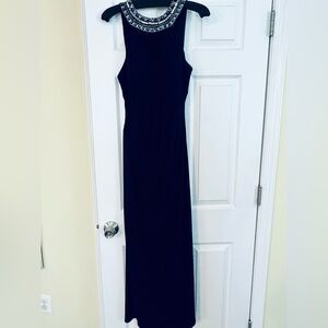 Chic Black Maxi Dress with Embellished Neckline